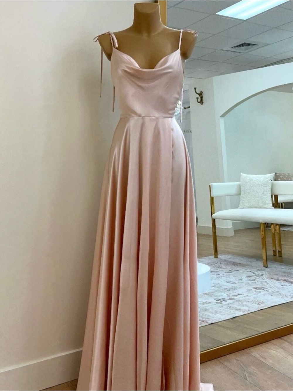 Elegant Pink Satin Cowl Neck Evening Dress